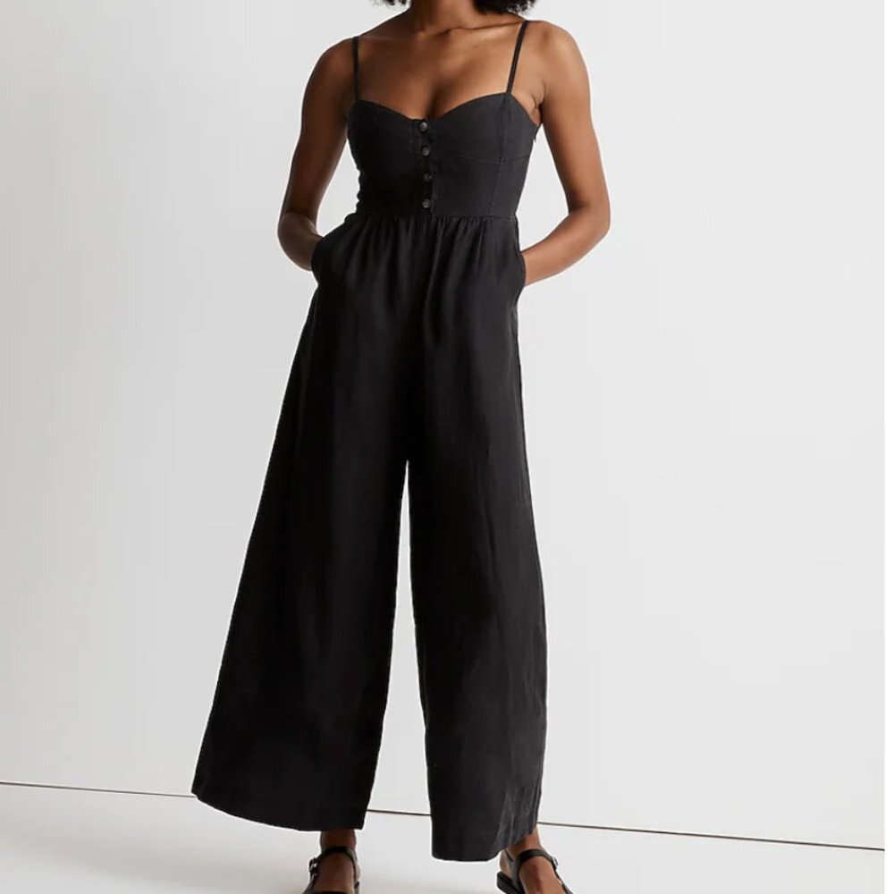 NWT Madewell 100% Linen Black Jumpsuit Wide Leg Button Front Pockets Size 14